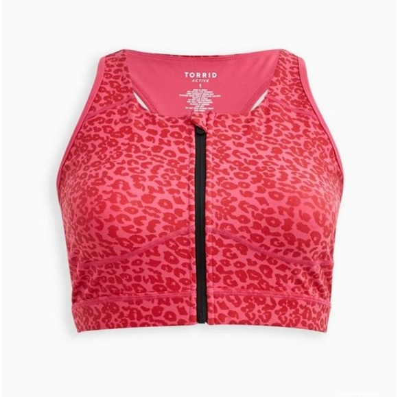 Torrid Low-Impact Cropped Zip Front Active Sports Bra VDay Pink Leopard - Picture 5 of 8